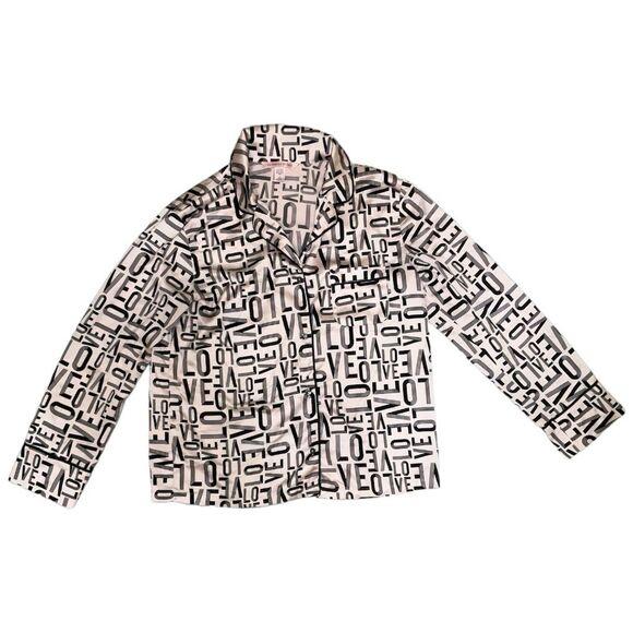 Victoria's Secret Black Satin Silk Pajama Set M Graphic Print Long Sleeve Button - Picture 2 of 5